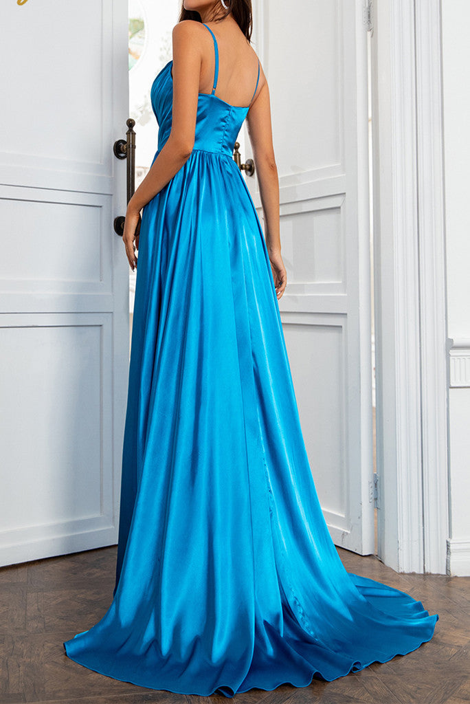 Luolandi A Line Spaghetti Straps Satin Prom Dresses With Slit And Flounced Sexy Evening Dresses